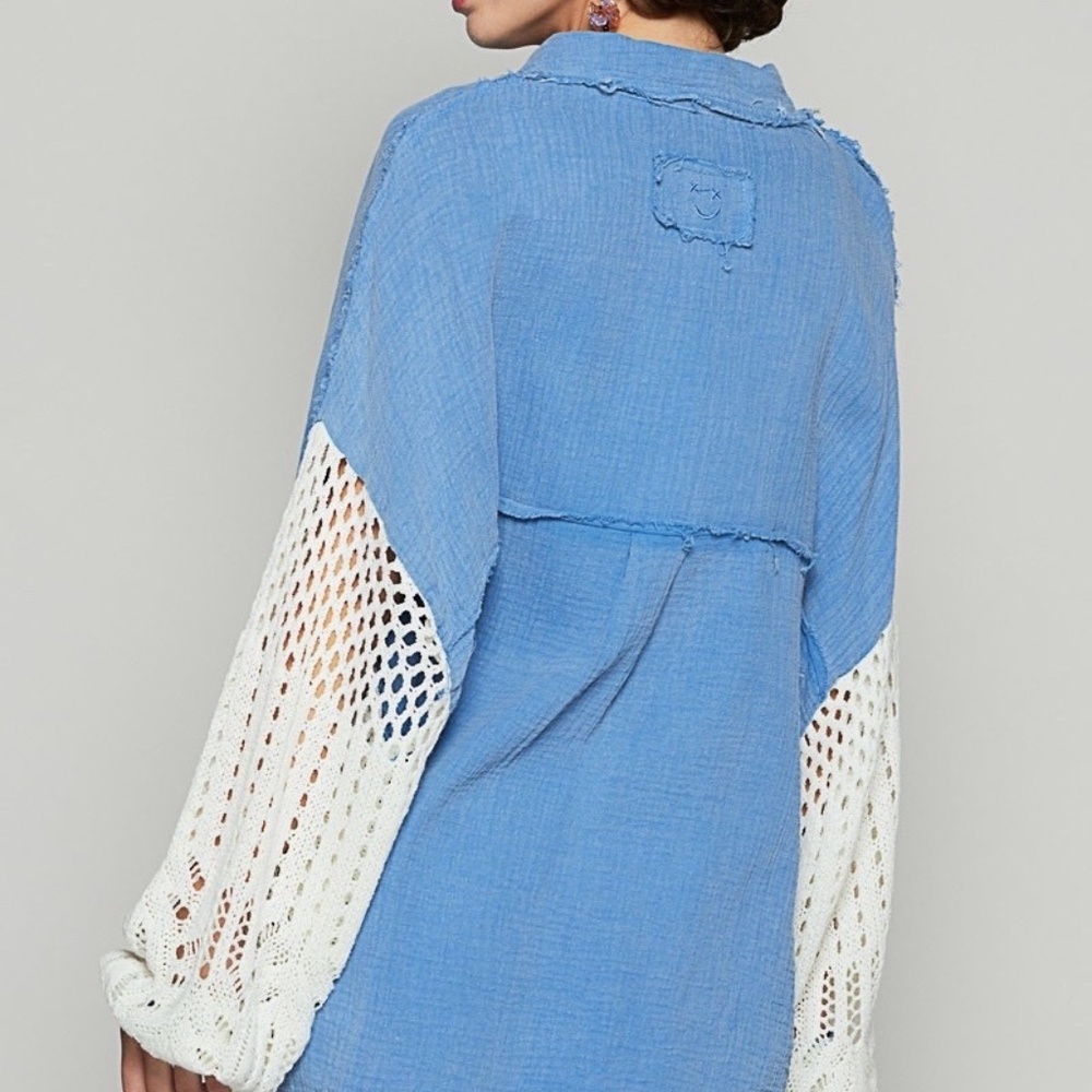New POL Clothing Women's Gauze Knit Button Down Front Shacket Oversized Blue - Picture 4 of 10